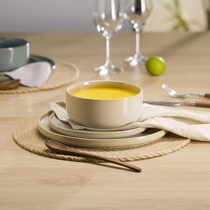 Dinnerware Set 12 Piece by Vase and Vessel Ceramic 10.5” Dinner Plates 8.2” Salad Plates and 25 oz Soup Bowls Stoneware Microwave and Dishwasher Safe 12 Piece Set Beige Somerset Collection