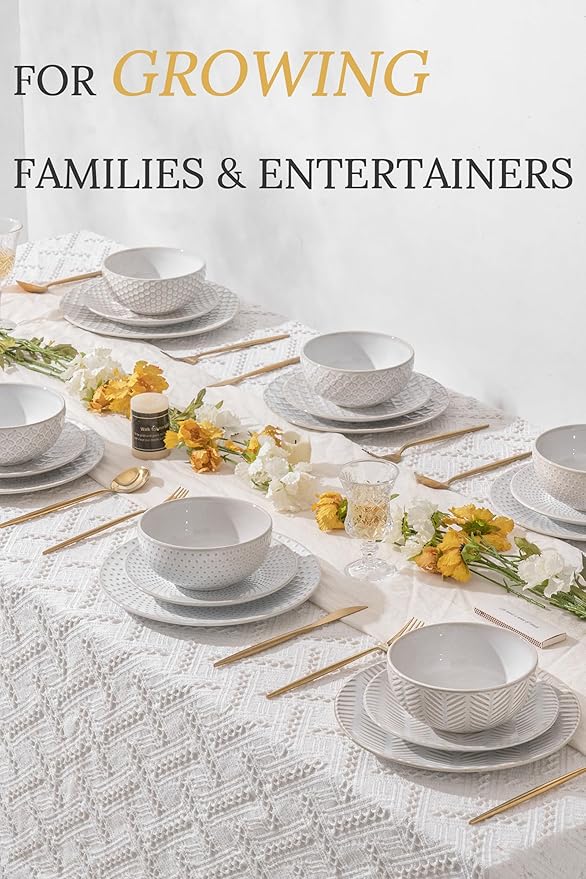 18 Piece Embossed Dinnerware Sets for 6 Scratch-Resistant Plates and Bowls Sets Microwave &amp Dishwasher Safe Elegant Stoneware for Family Gatherings – A Gift for Growing Households