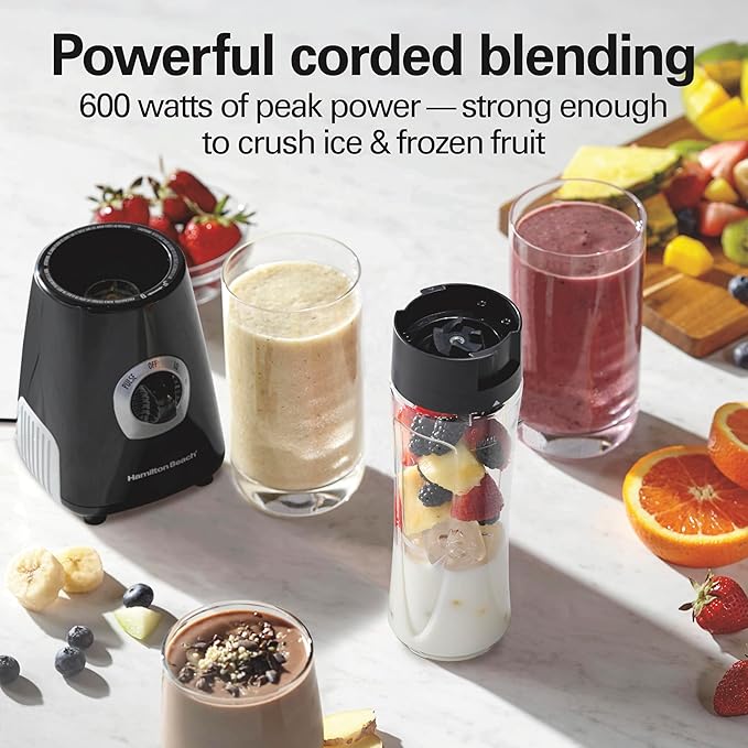 Hamilton Beach Go Sport Portable Blender For Smoothies With 20 Oz. Blend-In Personal Travel Jar 600 Watt Motor And Stainless Steel Blades For Powerful Blending Performance Black (51143G)