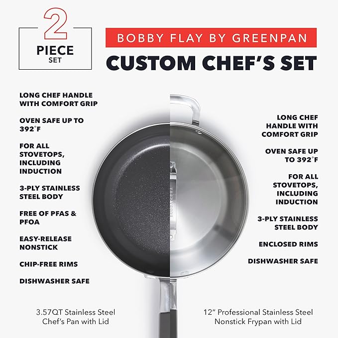 GreenPan x Bobby Flay Stainless Steel 3.75QT Saucepan and 12” Frying Pan Skillet with Glass Lids Professional Grade Tri Ply Induction Suitable Dishwasher &amp Oven Safe Stay Cool Silicone Handle