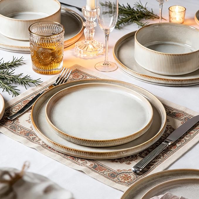 Stoneware Dinnerware Sets for 4 Stoneware Plates and Bowls Set 12-Piece Ribbed Dishes – Chip &amp Scratch Resistant Microwave and Dishwasher Safe Tableware Warm White