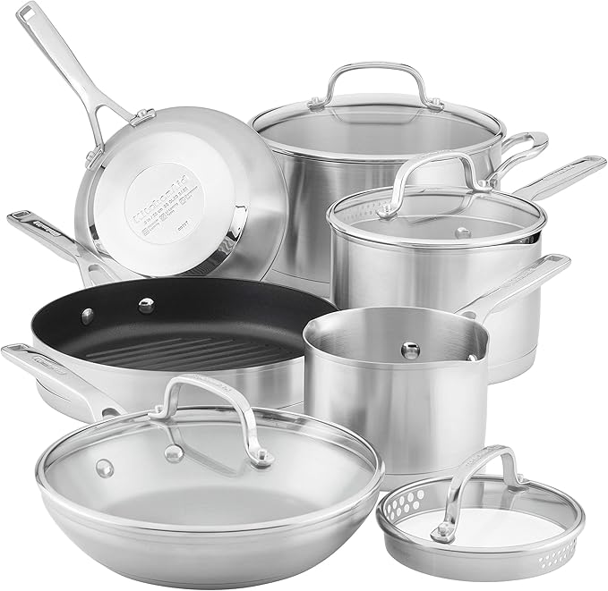 KitchenAid 3-Ply Base Brushed Stainless Steel Induction Pots and Pans Set with Nonstick Round Grill Pan and Lids Dishwasher Safe 10 Piece Cookware Set Brushed Stainless Steel