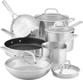KitchenAid 3-Ply Base Brushed Stainless Steel Induction Pots and Pans Set with Nonstick Round Grill Pan and Lids Dishwasher Safe 10 Piece Cookware Set Brushed Stainless Steel