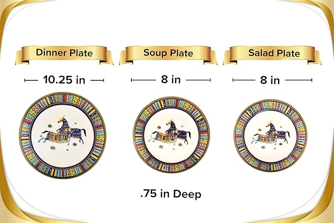 Porcelain Dinnerware Set for 4-20 Piece Luxury Greek Horse Cheval Banquet Dinner Set - Elegant Design - Plates and Cups with Saucers - Dining Set for Everyday Use or Formal Occasions