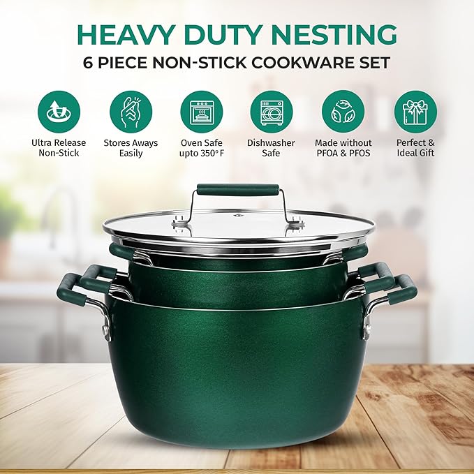Granitestone Green Pots and Pans Set Nonstick 6 Stackable Piece Cooking Pots Set Kitchen Pots Non Stick Coating 5qt 3qt &amp 1.5qt Pots with Lids Stay Cool Handles Dishwasher Safe 100% Toxin Fre