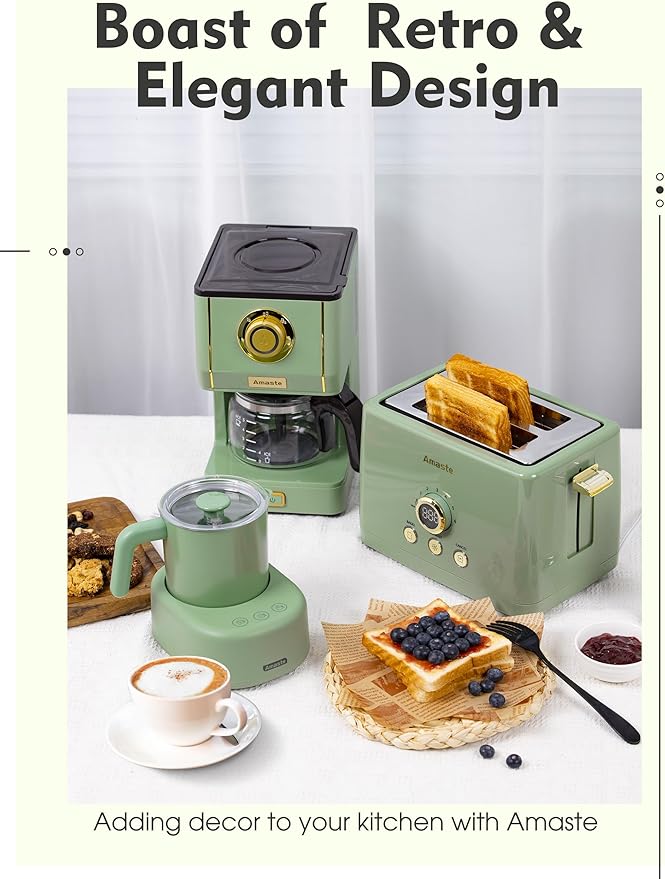 Amaste Drip Coffee Maker Coffee Machine with 25 Oz Glass Coffee Pot Retro Style Coffee Maker with Reusable Filter &amp Three Brewing Modes Warming Plate Matcha Green