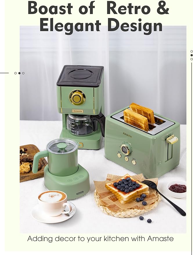 Amaste Green Coffee Maker &amp Green Toaster &amp White Retro Electric Kettle Set