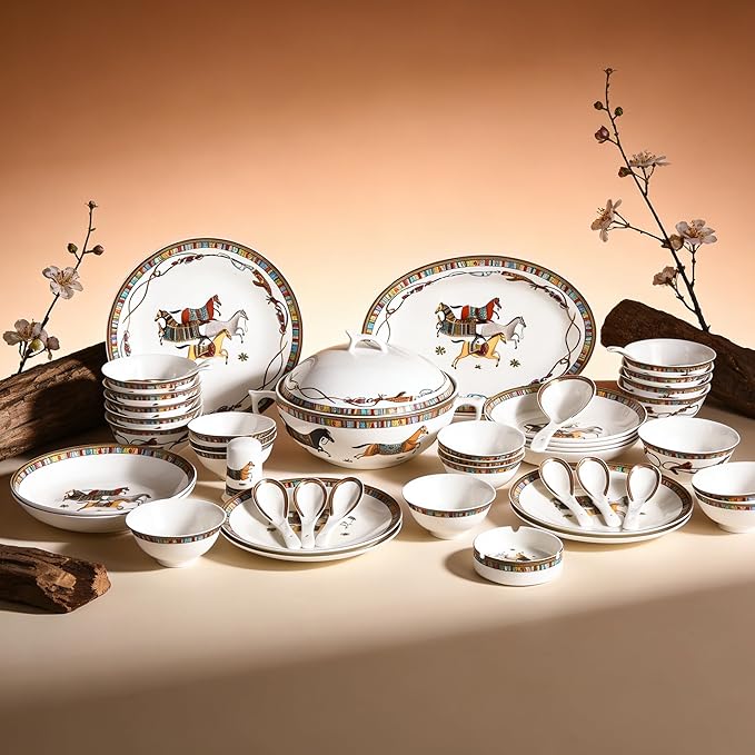 48 Piece Fine Bone China Dinnerware Set Luxury Horse Cheval Banquet Dinner Set - Elegant Design Dining Set for Everyday Use or Formal Occasions