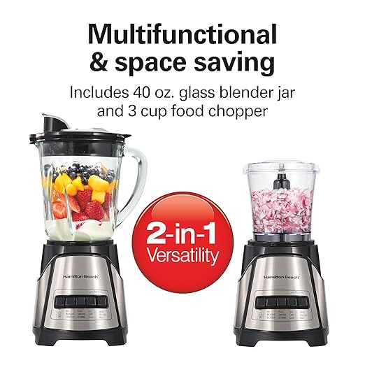 Hamilton Beach Power Elite Blender for Smoothies with 3-Cup Vegetable Chopper Mini Food Processor 40oz Glass Jar 12 Functions for Puree Ice Crush Black and Stainless Steel (58149)