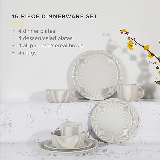 TABLE 12 Dinnerware Set Parchment Embossed Dish Set for 4 with Dinner Plates Dessert and Salad Plate Set Bowl Set and Mugs Simple Modern Kitchenware White 16-Piece