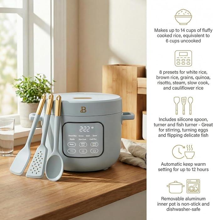 14 Cup Rice and Grain Cooker 6 Cup Uncooked Electric Rice Cooker with 8 Presets with 3 Piece Silicone Kitchen Utensil Set - Hydrangea Programmable Rice Maker with Steamer Tray and Keep Warm