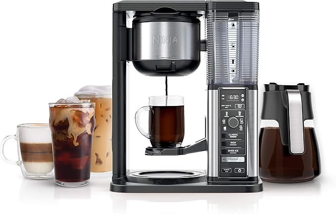 Ninja Specialty Coffee Maker Hot &amp Iced Coffee 6 Brew Styles 8 Sizes Small Cup to Travel Mug 10-Cup Carafe Fold-Away Frother Permanent Filter Removable Reservoir Black CM401