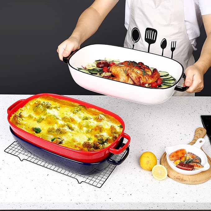 4.5 Quart Ceramic Baking DishServing Bakeware for CasseroleLasagnaGratinBroilingRoastingand Baking.Large Deep 14x10x3.11 inches PanSafe for Oven Microwave Refrigerator Disinfection Cabinet and