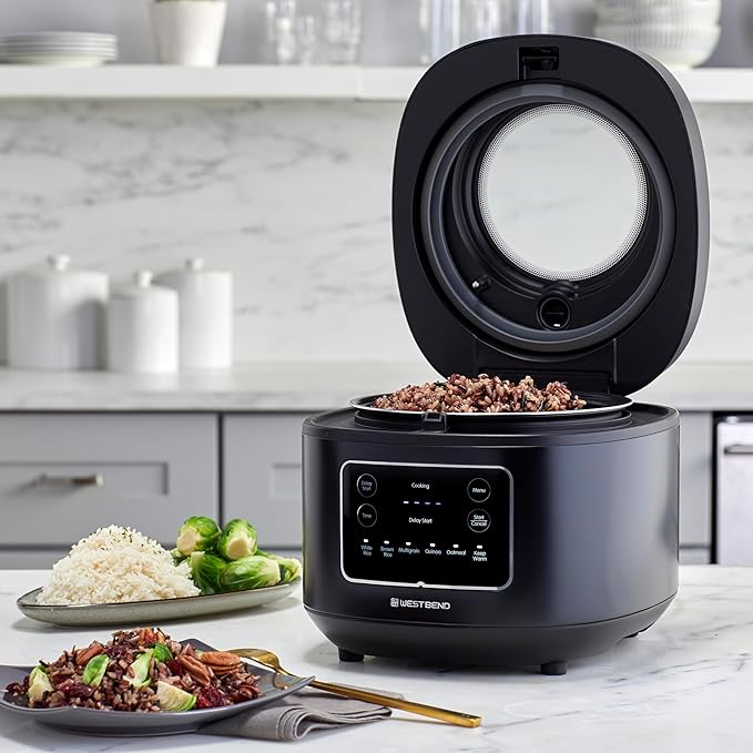West Bend Programmable Rice &amp Grain Cooker with 7 Preset Functions Includes Delay Start and Keep Warm Features Easy View Window &amp Steam Basket 12 Cups Cooked (6 Uncooked) Black