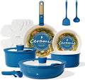 CAROTE 15Pcs Ceramic Cookware Set Pots and Pans Set Non stick Non Toxic Cookware Detachable Handle Induction Cookware Dishwasher/Oven Safe RV/Camping PFAS Free Blue&ampGold