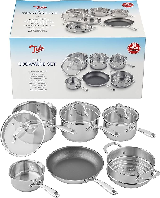 Tala 6 Piece Stainless Steel Cookware Set - Non-Stick Frying Pan 4 Multifunctional Cooking Pots with Tempered Glass Lids &amp Steamer - Dishwasher Safe Scratch Resistant - Suitable for All Stoves