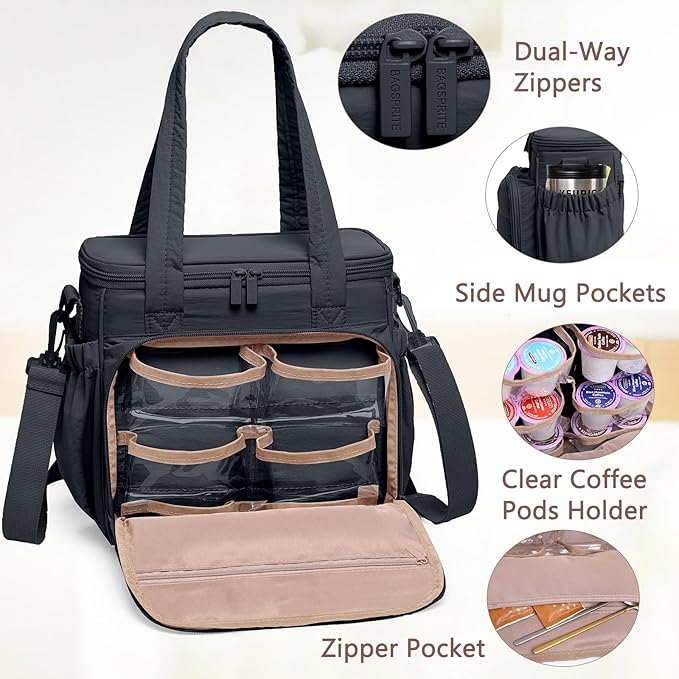 BAGSPRITE Coffee Maker Travel Bag Compatible with Keurig K-Mini Mate Carrying Case for K-Cup Single Serve Coffee Maker Portable Coffee Maker Case with Pod Organizer Mug Pockets &amp Shoulder Strap
