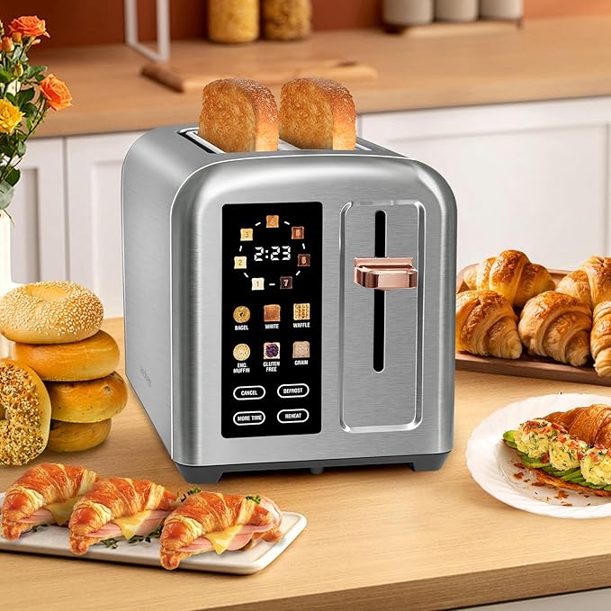 SEEDEEM Toaster 2 Slice Touch Control Stainless Toaster LCD Display 50% Faster Heating Speed 1.4'' Wide Slots More Timer Functions Removable Crumb Tray 1350W Silver White