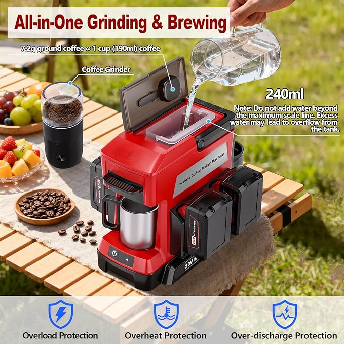 Taingwei Cordless Coffee Maker for Milwaukee M18 18V Battery Portable Drip Coffee Maker with Electric Coffee Grinder for RV Camping Travel Car Hiking (Battery Not Included)