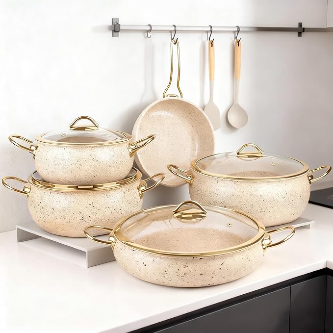Fully Clad 5-Ply Stainless Steel Cookware Set 12Pcs Nonstick Pots and Pans Set with Stay-Cool Handles Induction Compatible Stackble Design Includes with Frying Pan Saucepans and Saute Pan (Beige)