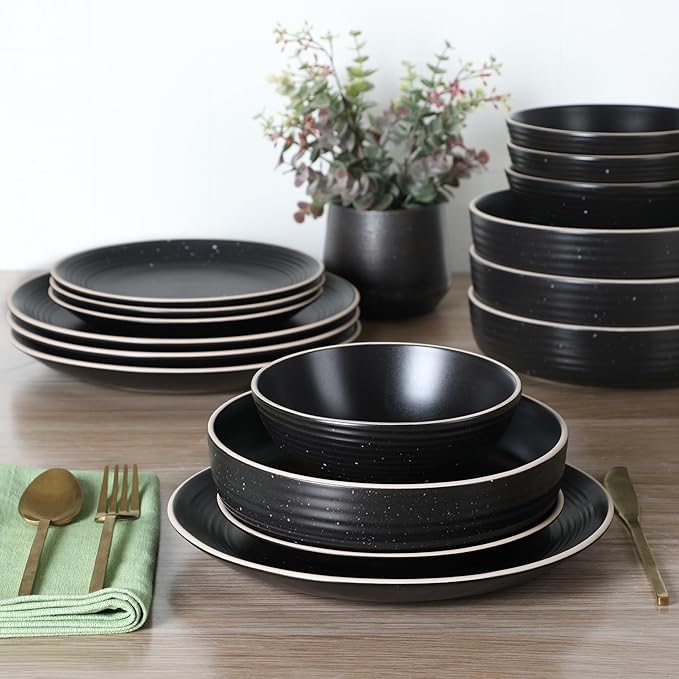 Gibson Home Dinah 16-Piece Matte Black Stoneware Dinnerware Set – Double Bowl Embossed Speckled Design Durable Kitchen Dinner Set