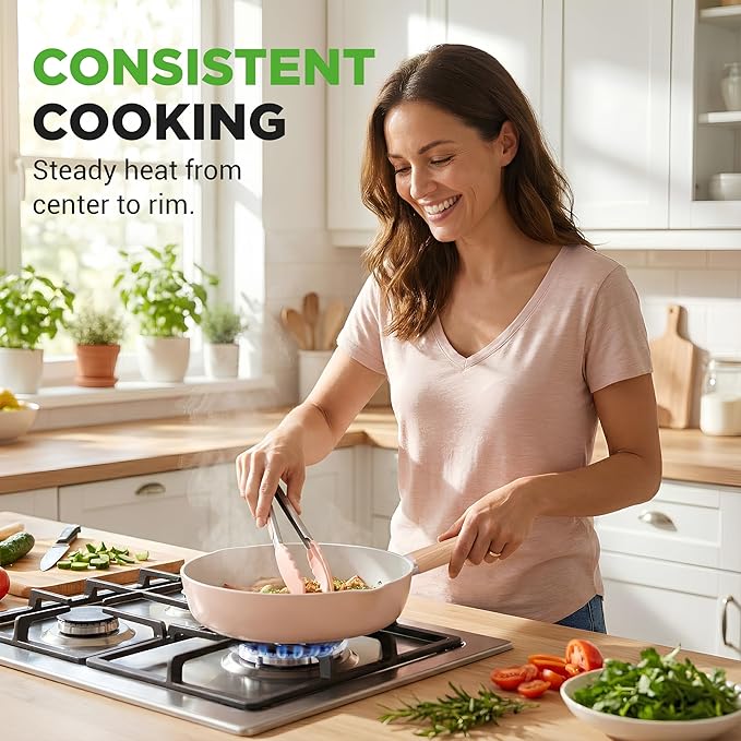 NutriChef 14-Piece Non-Stick Ceramic Cookware Set - Induction Safe Pots and Pans with Glass Lids Cool-Touch Handles Even Heat Distribution Dishwasher Safe Includes Ladle Tong Spatula (Pink)