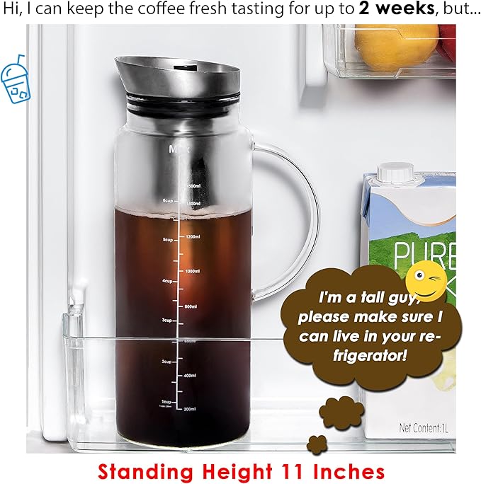 Aquach Cold Brew Coffee Iced Tea Maker &amp Fruit Pitcher - Large Capacity 51 Ounces - with Durable Glass Carafe/Fine Mesh Steel Infuser/Airtight Lid