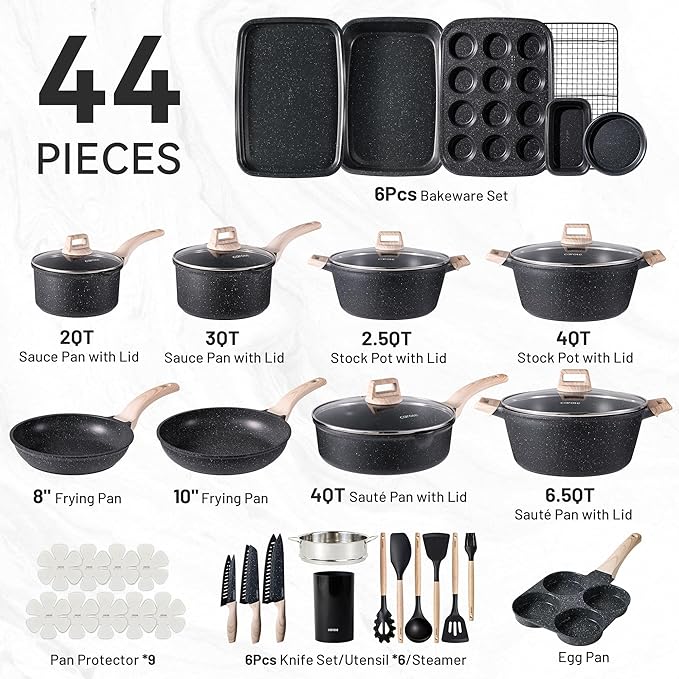 CAROTE 44pcs Pots and Pan Set Nonstick Cookware Sets Cooking Set Non Stick Induction Cook Ware with Bakeware Set Kitchen Knife Set