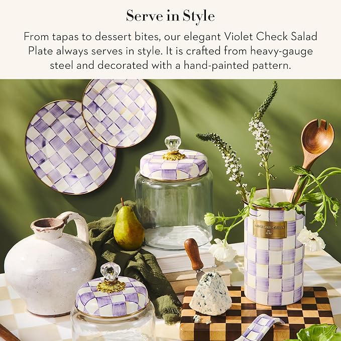 MACKENZIE-CHILDS Enamel Salad and Dessert Plate Small Plate for a Dessert or Appetizer Dish 8 Inches Purple-and-White Violet Check
