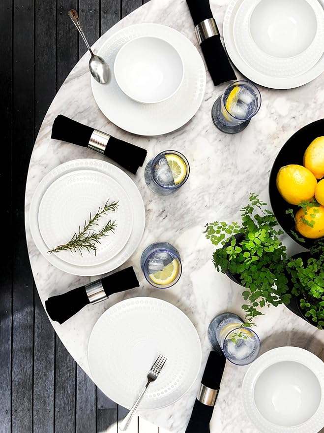 BZYOO Ceramic Dinnerware Set Serive for 4 (12 Pieces) Stoneware Plates and Bowls for Dining Pearl White Dishes Set With DOTDOT Design Microwave Safe (12 PCS Dishes and Bow set Bijou Collection)