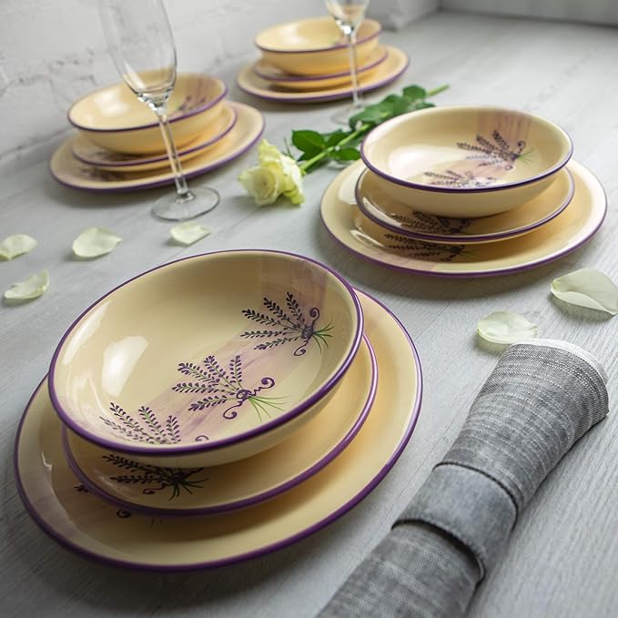 Handmade Lavender Floral Purple and CreamCeramic 12 piece Dinnerware Set | Pottery Tableware Service for 4 | Dinner Plates | Side Plates | Bowls | Housewarming Gift by City to Cottage®