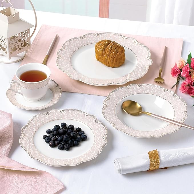 Bone China Dinnerware Set Alexandra 4-person 20-piece Blush Pink and Gold Color