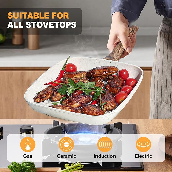 DUMOS 3 Pcs Grill Pans Set Nonstick Square Frying Pan Skillet Set with Stay Cool Handle &amp PFOA Free Compatible with All Stovetops (9.5 10 11) Light White