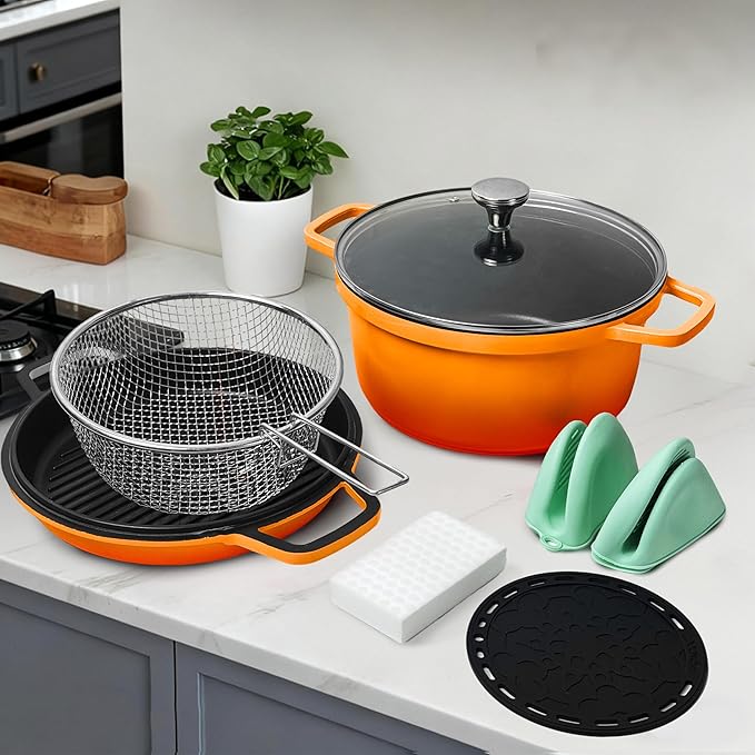 8-Piece Gradient Enamel Cookware Set Multi-Function Kitchen Collection with Soup Pot Steak Pan for Home RV Cooking (Orange Gradient 8-Piece Set)