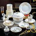 70 Pieces Dinnerware Set for 10White Porcelain Kitchen Bone China Dinner Combi-Set with Cereal Bowls Dessert Plates Dishes and Soup Plates Dinner Plates and Soup Pot with Gold Ri