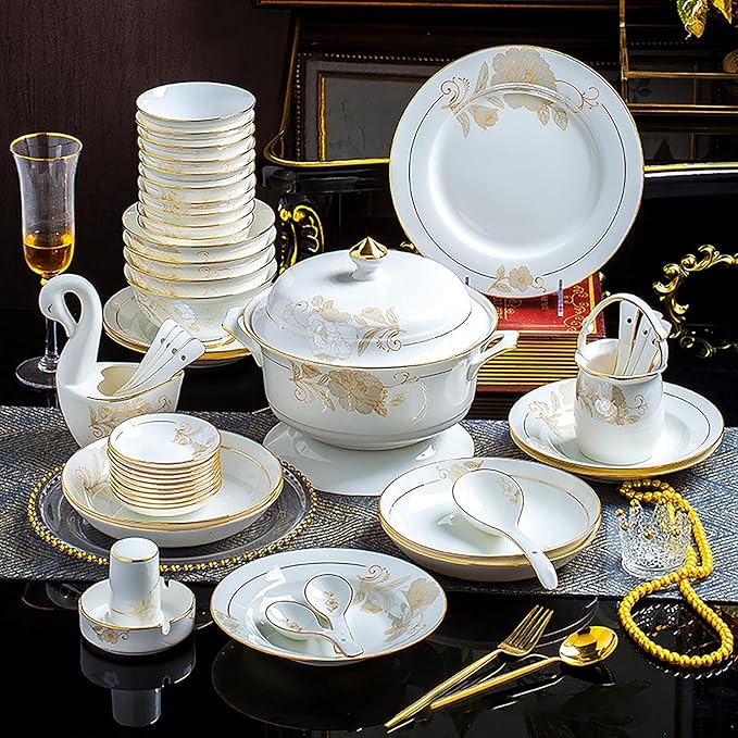 70 Pieces Dinnerware Set for 10White Porcelain Kitchen Bone China Dinner Combi-Set with Cereal Bowls Dessert Plates Dishes and Soup Plates Dinner Plates and Soup Pot with Gold Ri
