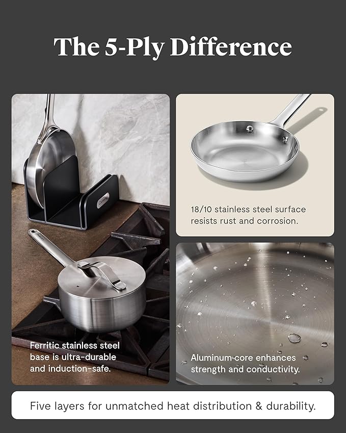 Caraway Stainless Steel Mini Duo - 5-Ply Stainless Steel Fry Pan (8 In) &amp Sauce Pan (1.75 Qt) - Oven Safe &amp Stovetop Agnostic - Non Toxic PTFE &amp PFOA Free