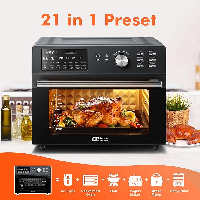 Kitchen in the box 32QT Extra Large Air Fryer Toaster Oven Combo 21-in-1 Countertop Convection Toaster Oven with Rotisserie and Dehydrate 6 Accessories 1800W Dual Cook Preset (Black)