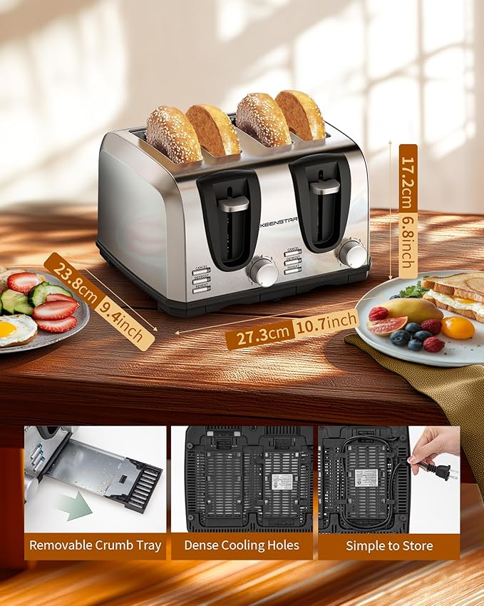Toaster 4 Slice Keenstar Extra-Wide Slot Toaster with Dual Control Panels of Bagel/Defrost/Cancel Function 7 Toasting Bread Shade Settings Removable Crumb Trays Auto Pop-Up Stainless Steel