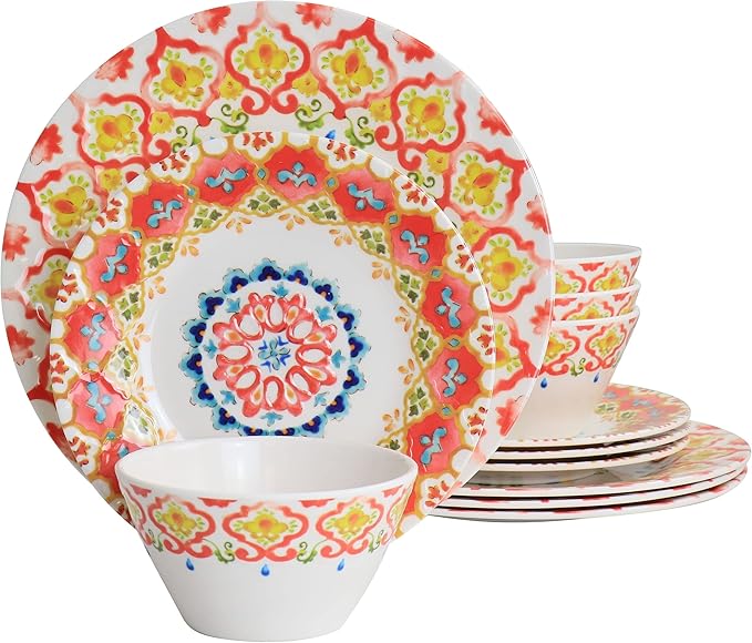 Gates California Designs 12 Piece Dinnerware Set in Multi-Color Multi Color Floral Traditional Round Dishwasher Safe