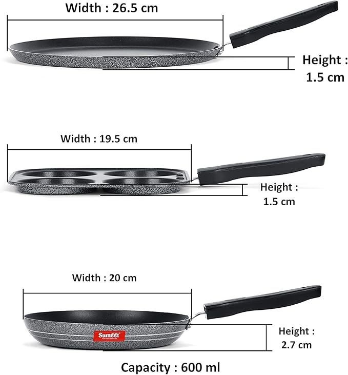 Sumeet NonStick Grys Cookware Set (Dosa Tawa - 26.5Cm Dia + Mini Multi Snack Maker - 4 Cavity -19.5cm + Tapper pan - 0.6Ltr - 20Cm Dia)