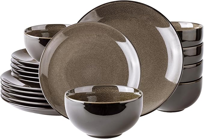 LeRatio Ceramic Dinnerware Sets for 6Stoneware Plates and Bowls SetsHandmade Reactive Glaze Dishes SetChip Resistant and Scratch Resistant | Oven&ampDishwasher &amp Microwave Safe-Chestnut(18PCS)