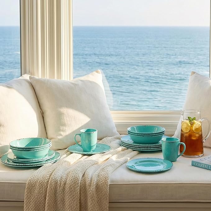 12 Pcs Melamine Dinnerware Sets Kitchen Plates and Bowls Set Camping Picninc Serving Dishes for Indoor Outdoor Dinner Plates Dishwasher Safe BPA Free Unbreakable Round Plates Turquoise