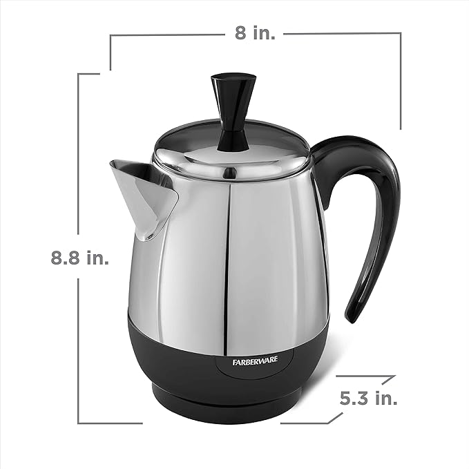 Farberware Electric Coffee Percolator FCP240 Stainless Steel Basket Automatic Keep Warm No-Drip Spout 4 Cup Black/Silver