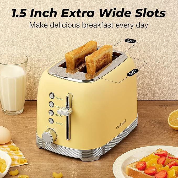 Toaster 2 Slice Retro Stainless Steel with 1.5” Extra Wide Slots Bagel Defrost Reheat Cancel Functions 6 Bread Shade Settings Removable Crumb Tray Yellow