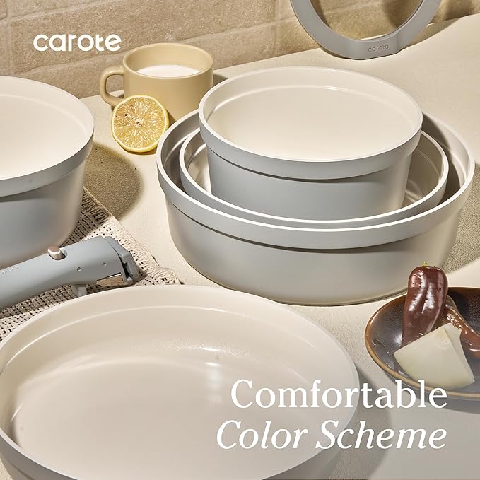 Carote 20pcs Ceramic Cookware Set with Detachable Handles Pots and Pans Set Non Stick RV Kitchen Cooking Pot and Pan Dishwasher Safe Non-toxic Induction Cookware PFAS and PFOA Free Grey