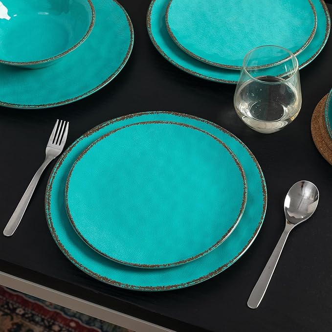 LEHAHA Rustic Melamine Dinnerware Sets 12-piece Dishes Plastic Dinnerware Set for 4 Break-resistant Plates and Bowls Set Outdoor Casual &amp Party Use Kitchen Dishes Set Teal…