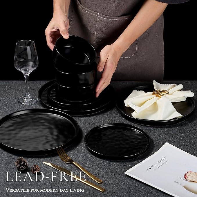 Vesteel 16-Piece Dinnerware Sets Stoneware Dish and Bowls Set for 4 Handmade Reactive Glaze Coupe Plates Set Chip &amp Scratch Resistant - Matte Black