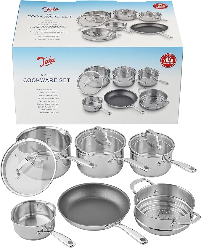 Tala 6 Piece Stainless Steel Cookware Set - Non-Stick Frying Pan 4 Multifunctional Cooking Pots with Tempered Glass Lids &amp Steamer - Dishwasher Safe Scratch Resistant - Suitable for All Stoves