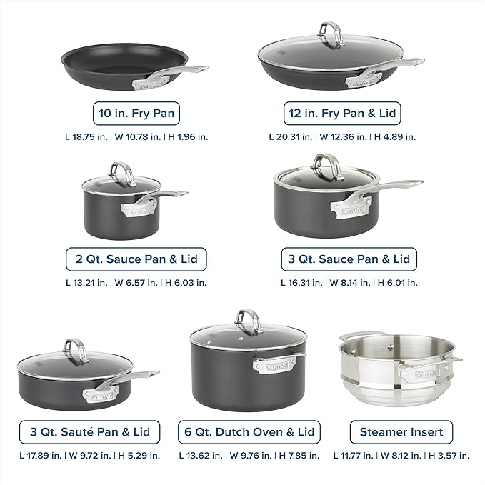 Viking Pots and Pans Set Non Stick12 Piece Hard Anodized Kitchen Cookware with Glass Lids Black